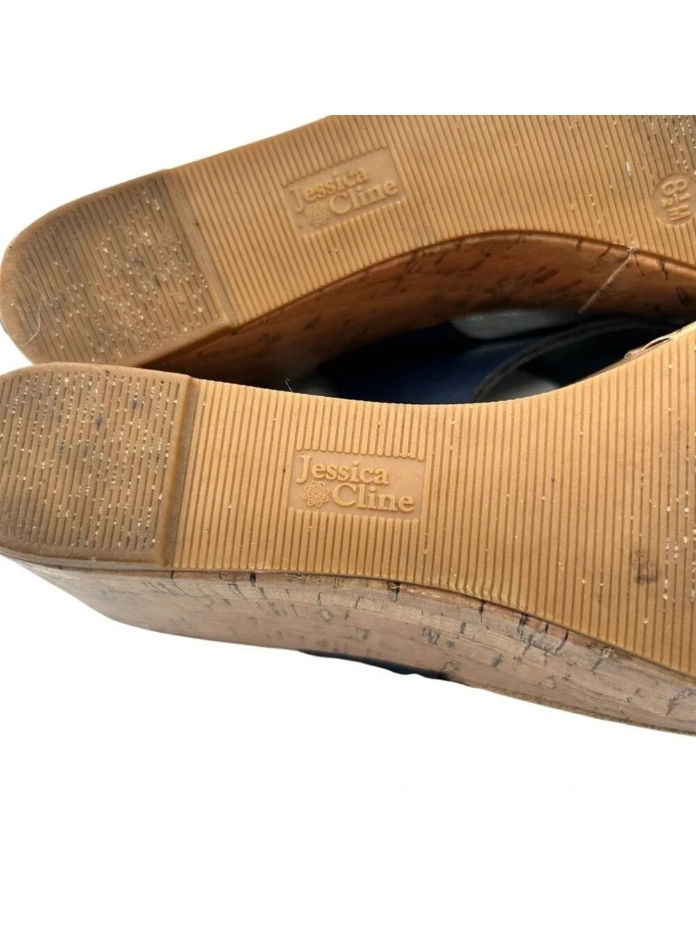 Jessica Cline Navy Blue Wedge Sandals Cork Platform Slingback Women's Size 8.5M